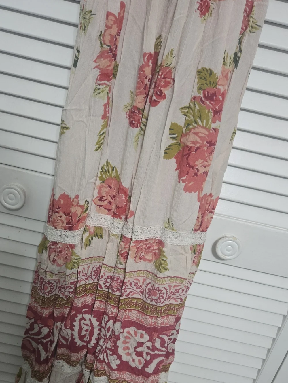 Angie Cream & Pink Floral Twist Front Tiered Maxi Dress Boho